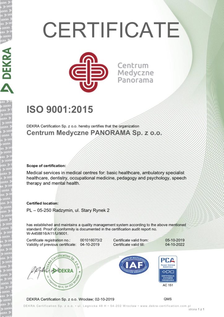 Certyfikat ISO 9001:2015 dla CM Panorama ważny do 04-10-2022