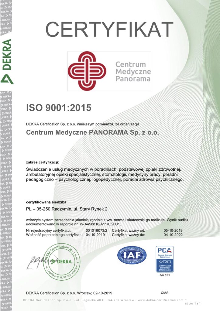 Certyfikat ISO 9001:2015 dla CM Panorama ważny do 04-10-2022